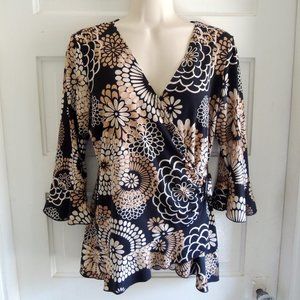 Studio 1940 Black & Tan Floral Faux Wrap Bell Sleeve Peplum Top L